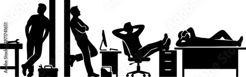 Employee productivity decline and workplace burnout concept, distraction to laziness progression silhouette set