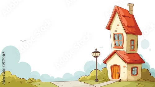 Colorful Playful Cartoon House Vector Illustration with Copy Space Background