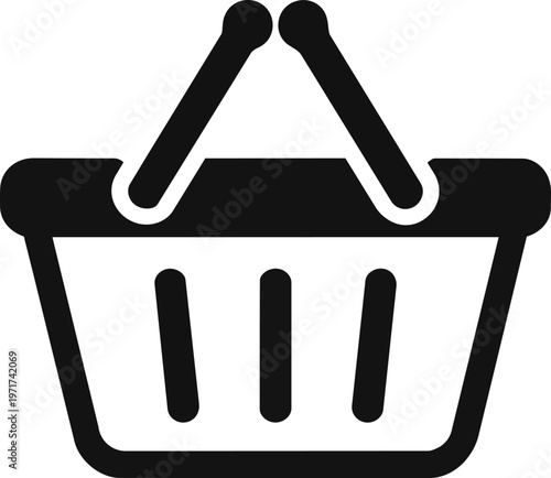 illustration of shopping basket icon. Minimal symbol representing shopping, retail, grocery, and e-commerce. Clean monochrome design isolated on white background.