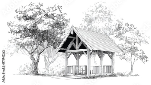Peaceful Wooden Hut in Natural Park Setting on White Background Vector Illustration