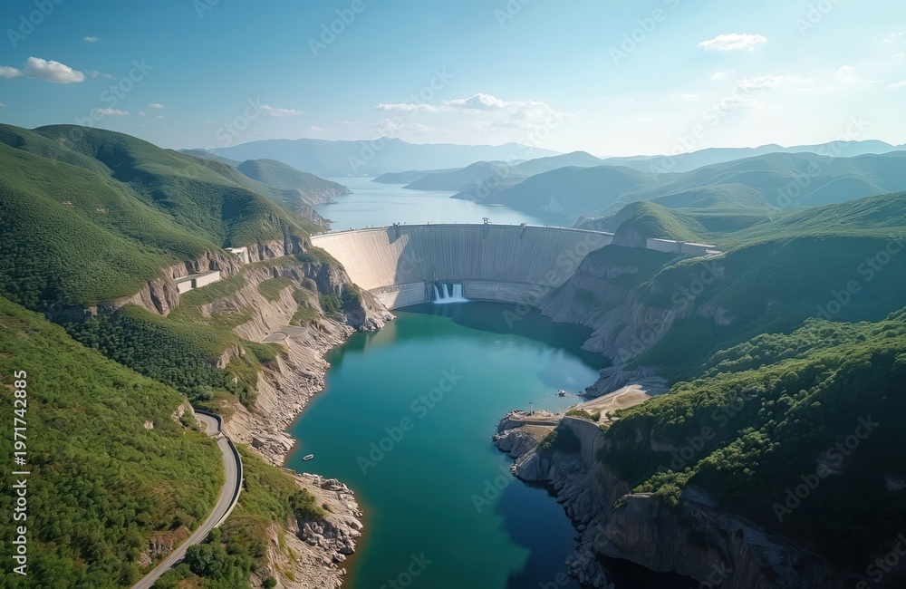 Fototapeta premium Massive concrete dam forms reservoir in mountain valley. Water flows through structure creating hydroelectric power. Green hills surround blue lake water, scenic travel destination for nature lovers.