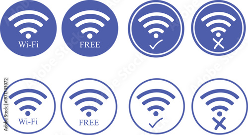 Eight blue wi fi signal icons representing wireless network connectivity