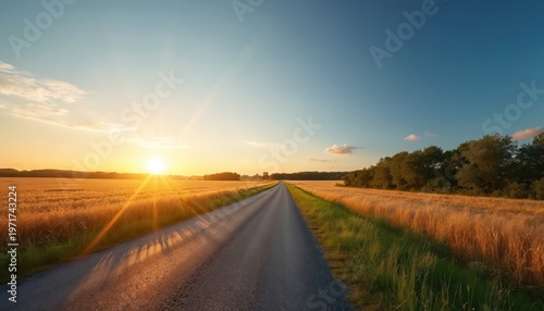 Empty asphalt road stretches through golden wheat field towards horizon. Sun sets creating warm light with lens flare. Nature landscape offers peaceful travel journey.