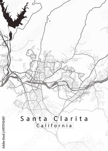 Minimalist white map of Santa Clarita, California - a modern map print highlighting infrastructure of the city, useful for tourism purposes