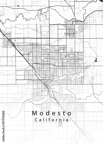 Modesto California Minimalist City Map – Black and White Street Map Poster