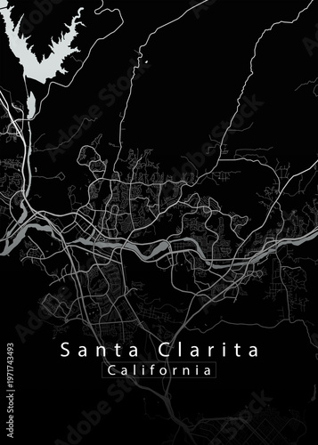 Santa Clarita California Dark City Map – Black Minimalist Street Map Poster