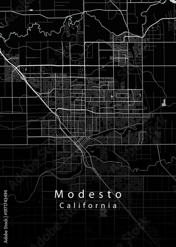 Modesto California city map – minimalist black and white street vector illustration for poster, wall art and urban design