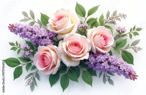 Pale pink roses and purple lilac flowers with green leaves create a romantic spring bouquet composition. Soft floral arrangement for wedding cards or gift decor backgrounds.