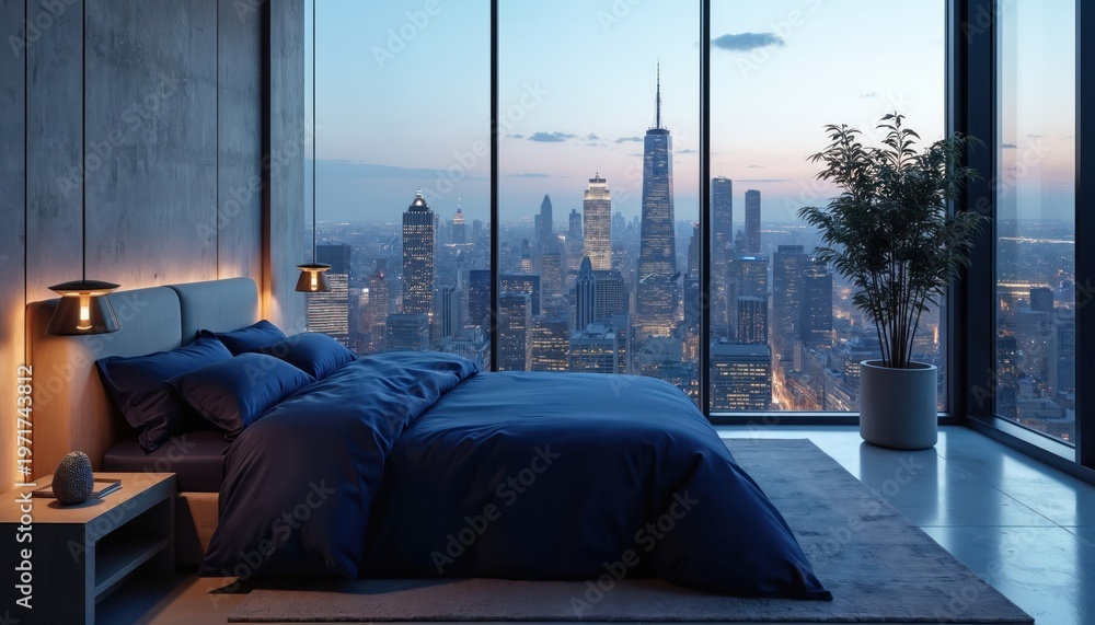 Fototapeta premium Bedroom with navy blue bedding. Large windows show city skyline at dusk. Modern interior design offers urban views and stylish comfort for relaxation and sleep.