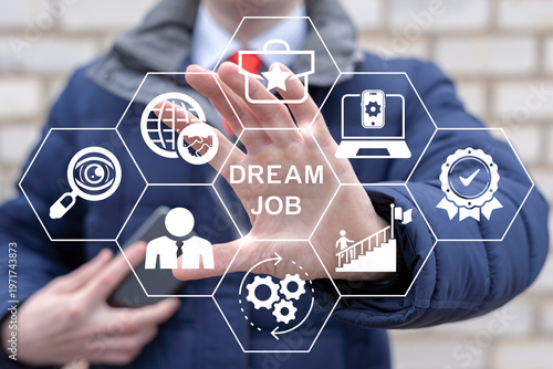 Tableau sur toile Business person using virtual touch screen sees the text DREAM JOB
