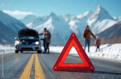 Family with car trouble on snowy mountain road. Red warning triangle placed on asphalt signals vehicle breakdown. People stand near open hood, waiting for help in cold weather.