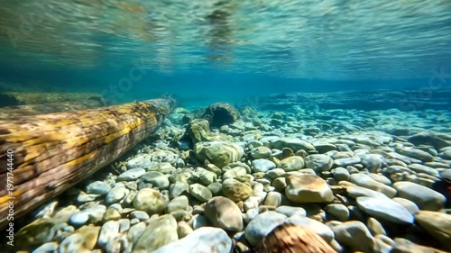 Underwater Scene with Logs and Stones in Clear Water