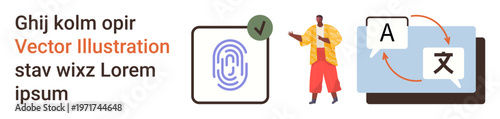 Biometric security, language services, data integration, tech communication, translation apps, multilingual education. Fingerprint with approval mark, person with translation symbols. Biometric