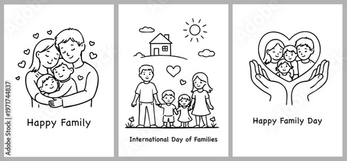 Black and white line art vector set of a happy family with parents and children. Ideal for International Day of Families, greeting cards, and coloring pages. Isolated on white background.
