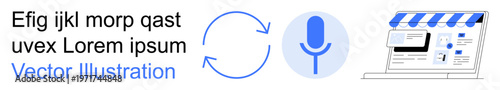 Voice recognition, online shopping, e-commerce tools, transcription services, digital communication, workflow automation. Microphone icon, circular arrows and web storefront . Voice recognition