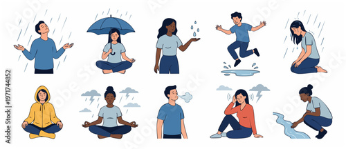 People Emotional Reactions to Weather: Rain Umbrella Meditation Puddle. Diverse Characters in Various Weather Conditions Displaying Different Moods and Emotions - vector illustration