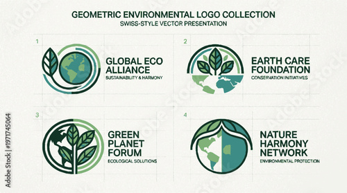 Geometric environmental logos featuring green leaves globe symbols and nature harmony themes in a modern vector design