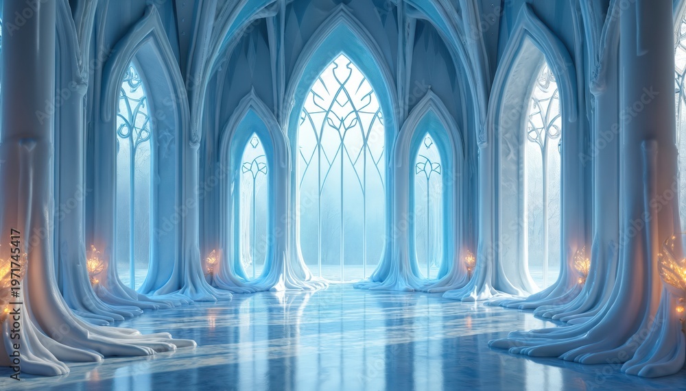 Naklejka premium Majestic icy palace interior features tall arched windows and frozen columns. Ornate ice architecture gleams with soft blue light. Empty grand hall feels cold and magical, suitable for winter themes.