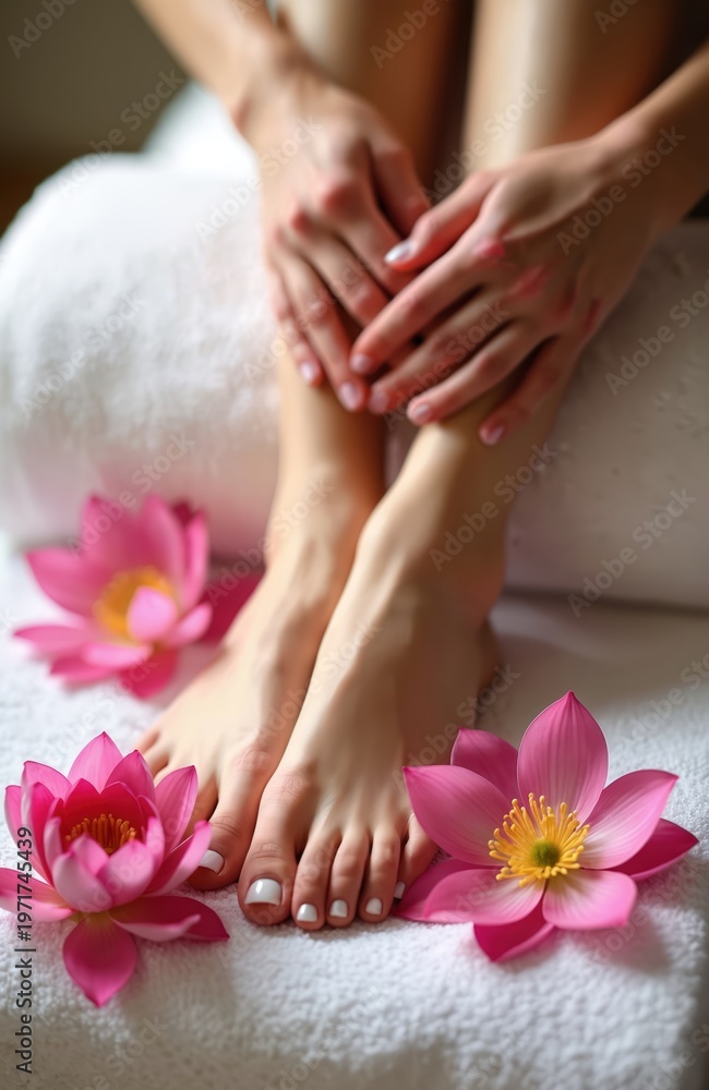 Fototapeta premium Woman with white painted toenails relaxes with pink lotus flowers. Her feet are resting on a white towel. This image suggests foot care beauty and spa treatments for well being.