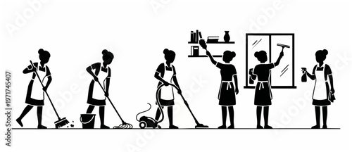 Cleaning Service - Housekeeping Maid Women Doing Cleaning Tasks, Sweeping, Dusting Windows  with Professional Equipment - Broom, Mop, Vacuum, Duster and Squeegee on White Background