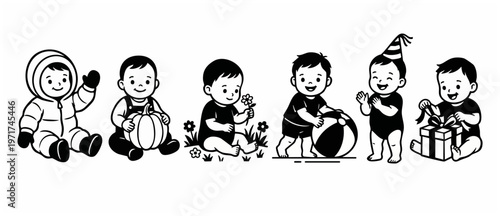 Cartoon Baby Vector Set: Cute Toddlers Playing, Winter Suit, Pumpkin, Flower, Ball, Party Hat, and Gifts - Happy Childhood Clip Art Illustrations for Graphic Design Projects