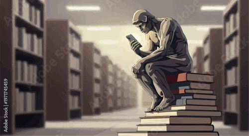 Statue of thinker reading smartphone while sitting on stacked books in library, humorous style  concept   