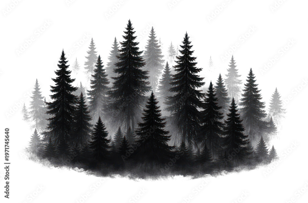 Obraz premium PNG Misty forest silhouette with pines.