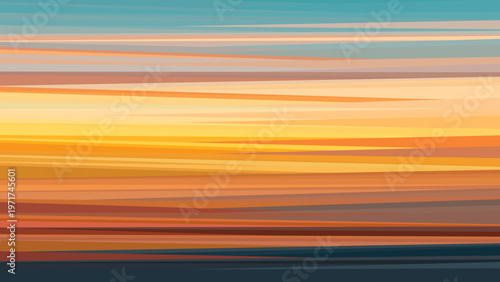 Stylized quiet sunset expressed through clean layered stripes blending warm tones into tranquil composition for interior design, creative projects, wallpapers and calming visuals. Vector illustration
