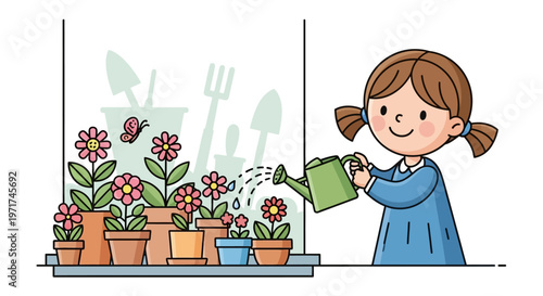 Young girl watering potted flowers indoors by window