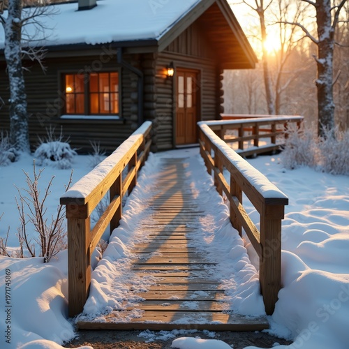 Wooden cabin in snowy landscape with sun setting behind trees. A wheelchair ramp leads to the entrance, offering accessibility to the cozy house.