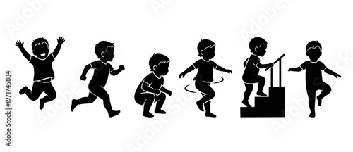 Child Development Stages Vector Silhouette. Baby Growth Milestones: Jumping, Running, Crawling, Spinning, Climbing Steps, Balancing. Educational Infographic and Childhood Development (Black)