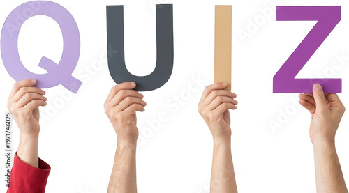 Four hands hold up large colorful letter cutouts spelling out the word QUIZ in a studio setting question knowledge trivia competition test challenge game education learning