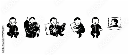 Baby Development Stages Vector Set: Crying, Hugging, Reading, Sleeping. Cute Black and White Infant Icons. Child Development Illustration. Nurturing and Growth for Children, Kids, Toddlers.
