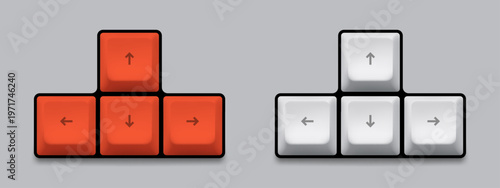 Red and white arrow keys for computer keyboard. Digital navigation button set with directional symbols. Minimalist interface element for gaming hardware design and software control.