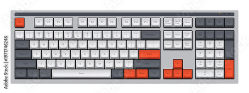 Computer keyboard vector illustration. Top view of a modern mechanical keyboard layout. Input peripheral device for laptop or desktop pc. Hardware technology and electronics accessory.