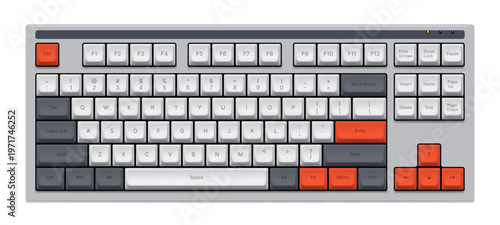 Computer keyboard vector illustration. Top view of mechanical input device with orange and gray keys. Modern peripheral hardware for desktop workspace and digital office technology.