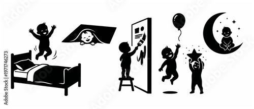 Baby Silhouette Illustrations Set: Bed, Blanket, Painting, Balloon, Star, Moon Graphics - Babyhood Dreams and Imagination in Black and White Vector Art (Five Cartoon Child Images)