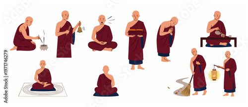 Buddhist Monk Illustrations Set Doing Daily Tasks: Praying, Meditating, Sweeping, Ringing Bell, Offering Incense. Routine Activities of Zen Monks in Maroon Robes, Generative AI.