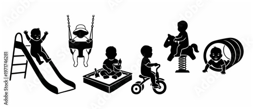 Children Playing Black Silhouette - Kids On Slide, Swing, Sandbox, Tricycle, Rocking Horse, Tunnel - Joyful Childhood at Playground, Happy Silhouettes Playing Vector Illustration