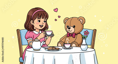 Girl and teddy bear having a joyful tea party