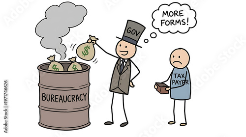 Man in suit throws money into burning bureaucracy barrel as another man holds tax form