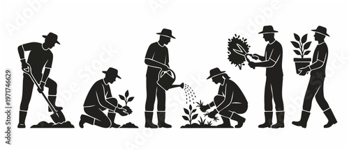 Gardening Silhouette People Plants - Men and Women Growing, Planting, Watering, and Pruning Plants in Black and White Style. Gardeners in Action with Tools Vector Silhouettes Collection.