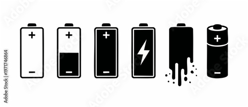 Battery Icon Set: Charging Levels Indicator + Full to Empty + Power Draining in Black and White Vector Illustration. Showing energy level of electrical supply cell concept charging process.