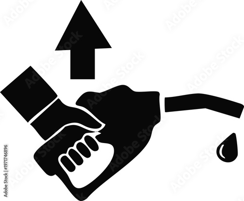 Hand holding a fuel pump nozzle with an upward arrow and dripping fuel representing rising gas prices or refueling concept isolated on white