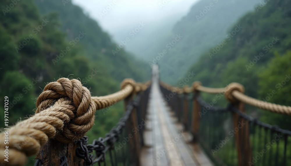 Fototapeta premium Thick rope knot secures old suspension bridge pathway leading into misty green mountain valley. Wooden planks cross gorge over foggy jungle landscape. Adventure beckons across dramatic vista.