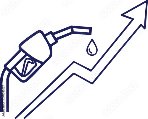 Gasoline pump nozzle with rising arrow and oil drop symbolizing fuel price increase and economic growth isolated vector illustration