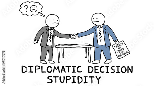 Two businessmen shaking hands in office with confused expression