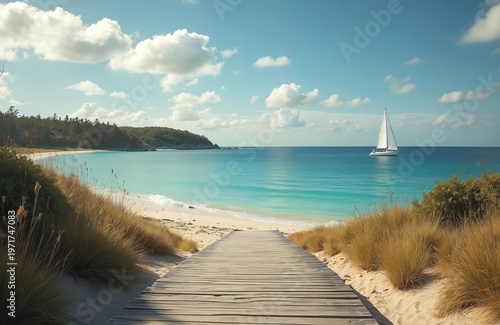 Wooden walkway leads to sandy beach with calm turquoise sea and sailboat. Lush green trees line the coast under a blue sky with fluffy clouds.