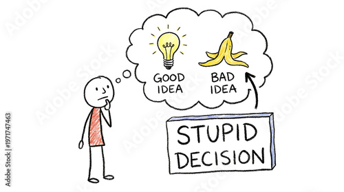 Person thinking about decision making with lightbulb and banana