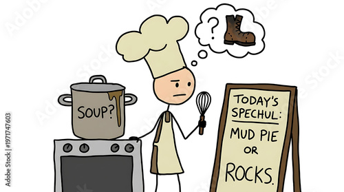 A cartoon chef contemplates cooking a mud pie or rocks on the stove.